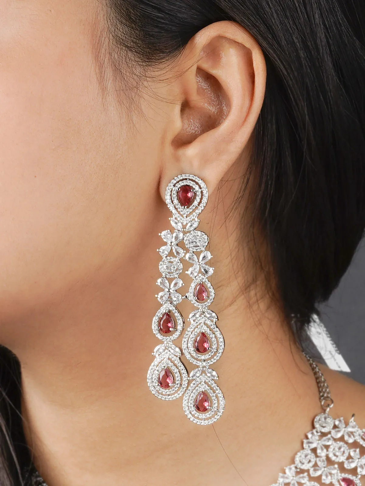 Pink Color Silver Plated Faux Diamond Bridal Necklace Set - CZSET322P