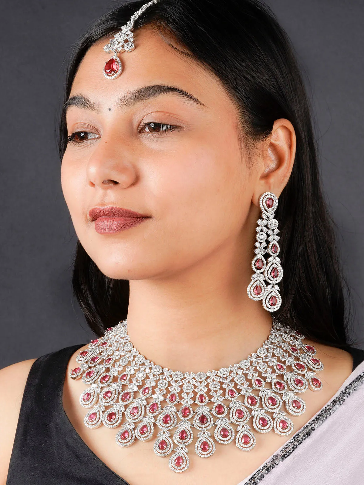 Pink Color Silver Plated Faux Diamond Bridal Necklace Set - CZSET322P