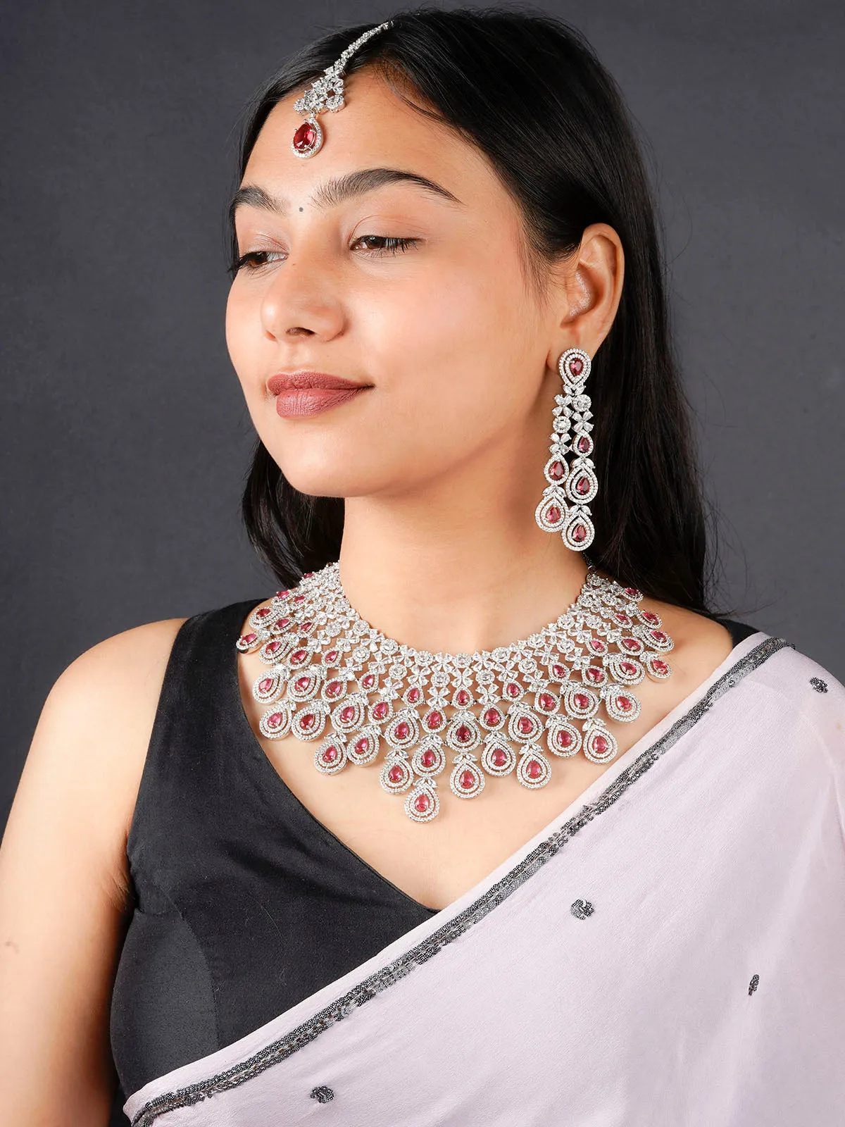 Pink Color Silver Plated Faux Diamond Bridal Necklace Set - CZSET322P