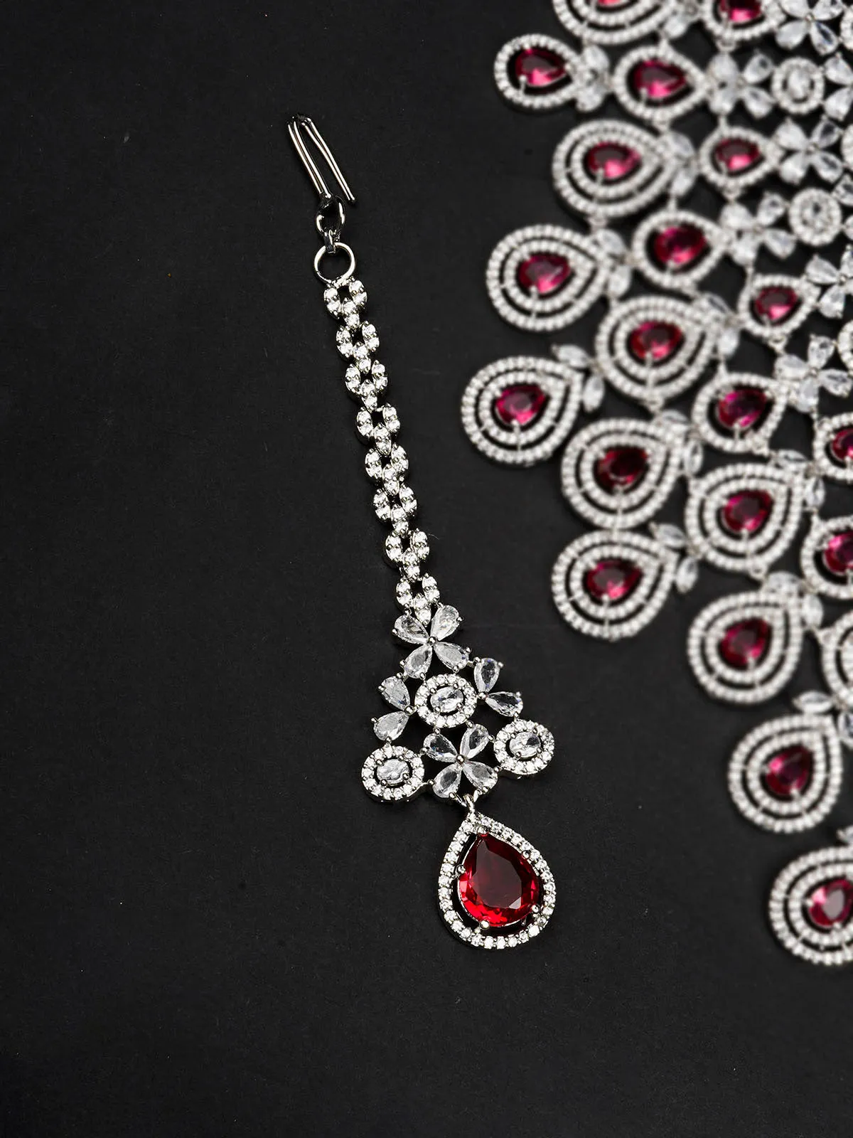 Pink Color Silver Plated Faux Diamond Bridal Necklace Set - CZSET322P