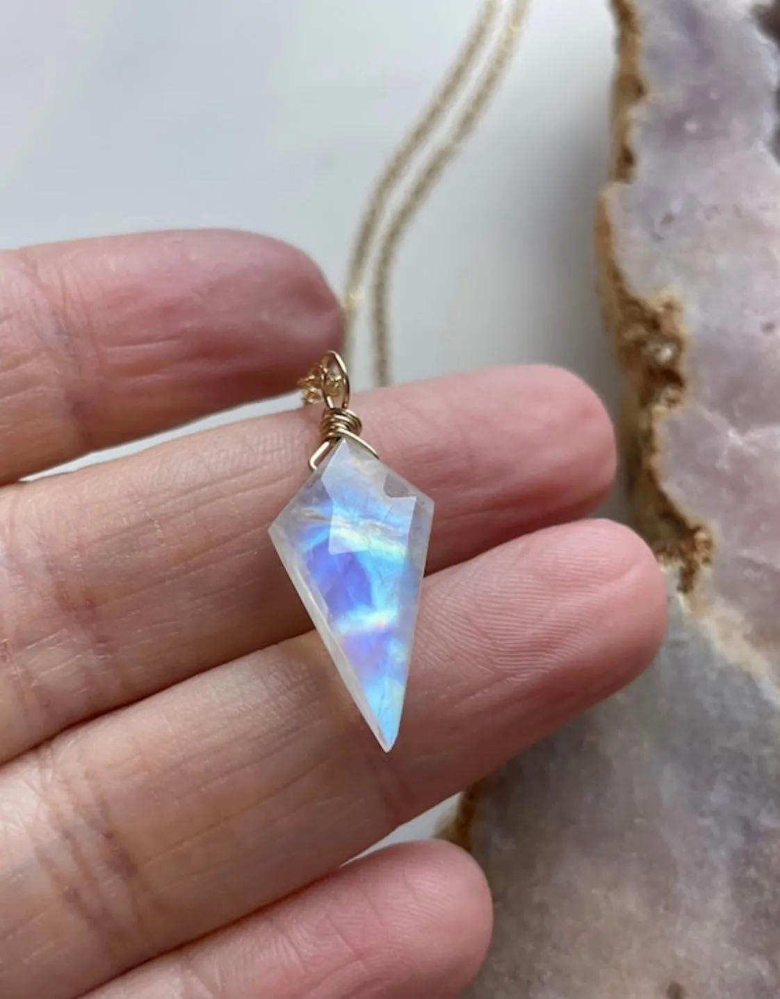 Rainbow Moonstone Pendant Necklace Crystal Necklace Sterling Silver or 14kt Gold Filled