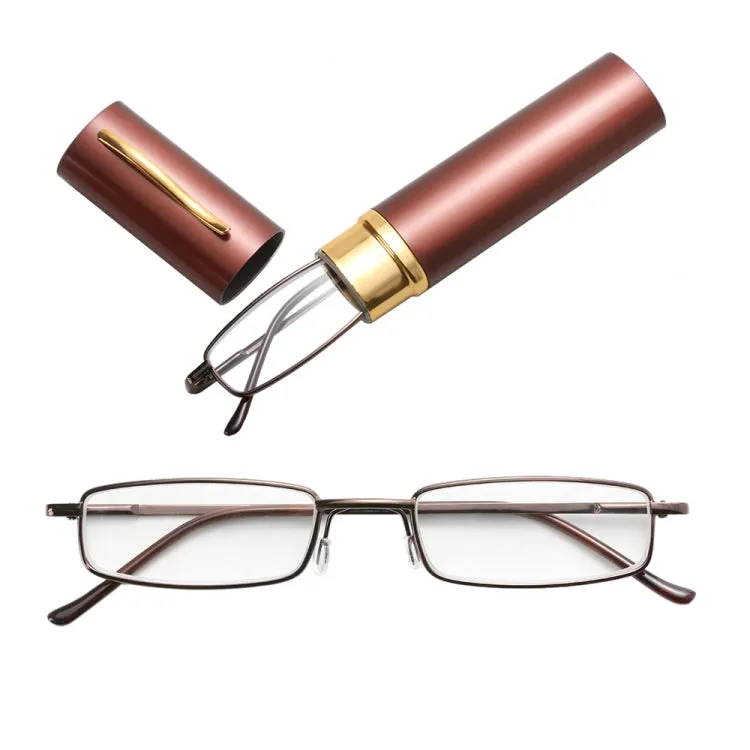 Reading Glasses Metal Spring Foot Portable Presbyopic Glasses with Tube Case  1.50D(Brown)