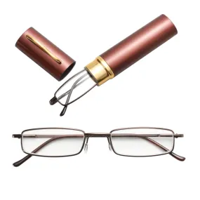 Reading Glasses Metal Spring Foot Portable Presbyopic Glasses with Tube Case  1.50D(Brown)
