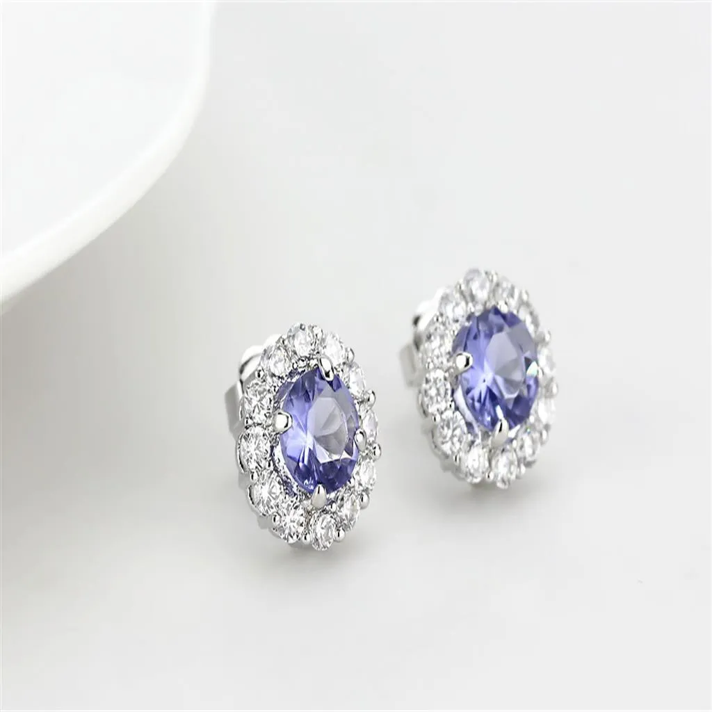 Rhodium Brass Earrings with Synthetic Synthetic Glass in Tanzanite for Women Tanzanite Stone Color Style LO4674