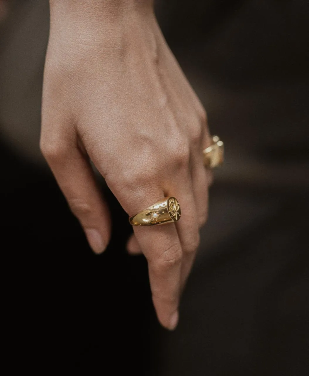 Rosalia Pearl Celestial Signet Ring | 18kt Solid Gold