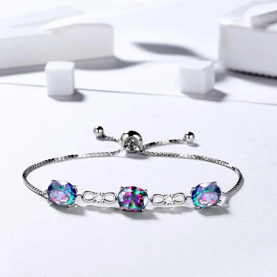 Round Rainbow Mystic Topaz Bracelet Women Girls Jewelry Birthday Gift Sterling Silver