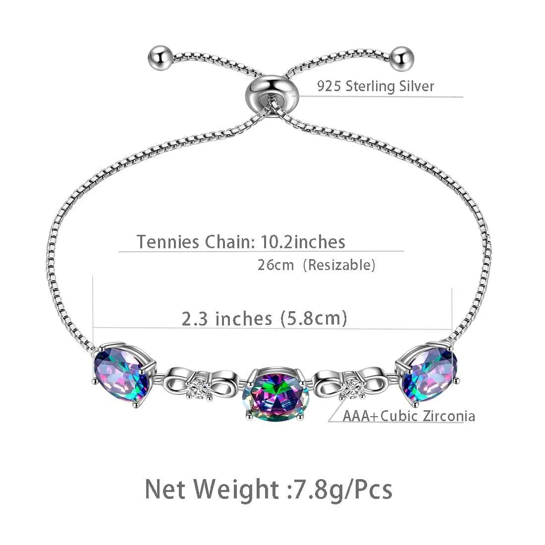 Round Rainbow Mystic Topaz Bracelet Women Girls Jewelry Birthday Gift Sterling Silver