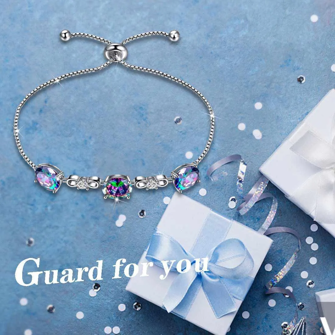 Round Rainbow Mystic Topaz Bracelet Women Girls Jewelry Birthday Gift Sterling Silver