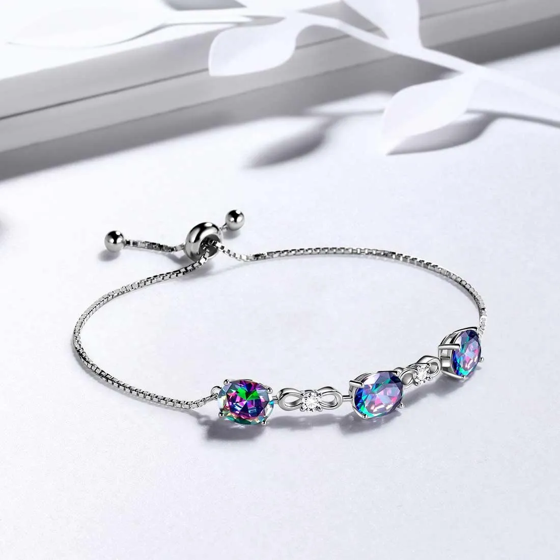 Round Rainbow Mystic Topaz Bracelet Women Girls Jewelry Birthday Gift Sterling Silver