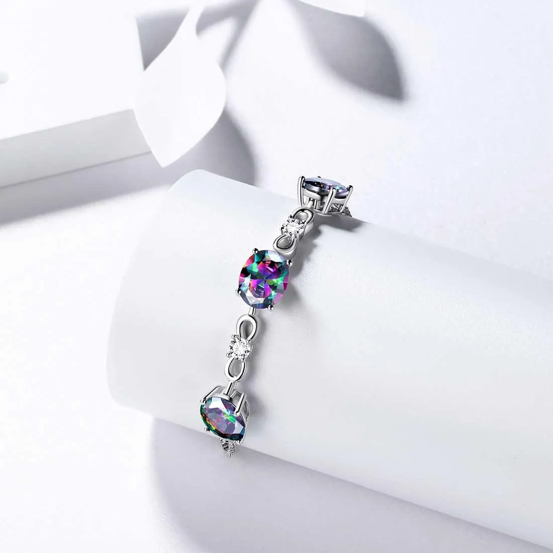 Round Rainbow Mystic Topaz Bracelet Women Girls Jewelry Birthday Gift Sterling Silver