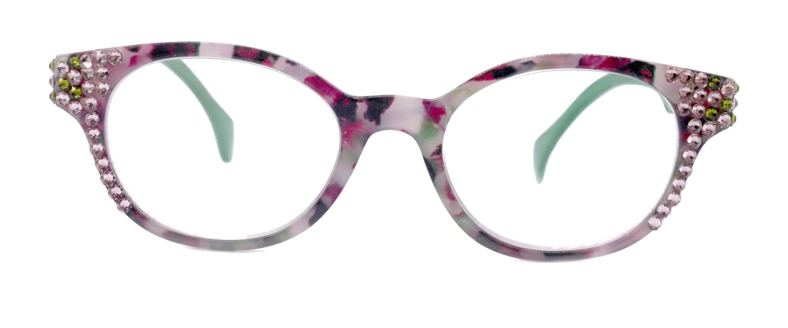 Sally, (Bling) Women Reading Glasses W (Light Amethyst, Olivine) Genuine European Crystals, Round  1.25 .. 4 (Green, Purple) NY Fifth Avenue