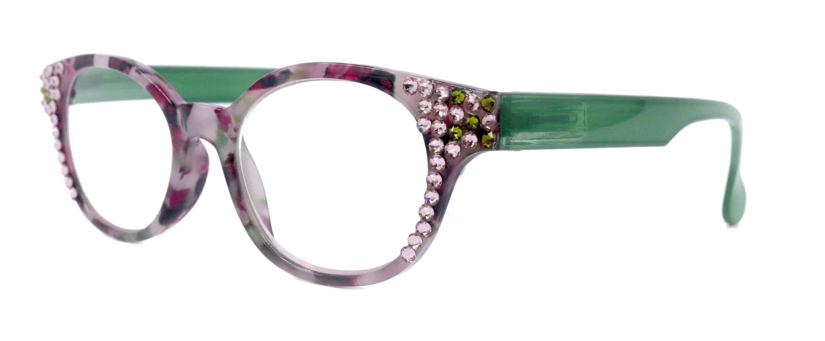 Sally, (Bling) Women Reading Glasses W (Light Amethyst, Olivine) Genuine European Crystals, Round  1.25 .. 4 (Green, Purple) NY Fifth Avenue