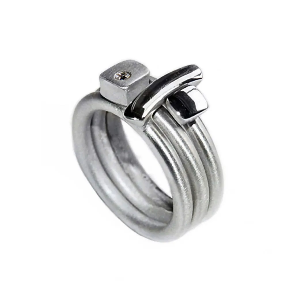 Satin silver ring with diamond & silver detail
