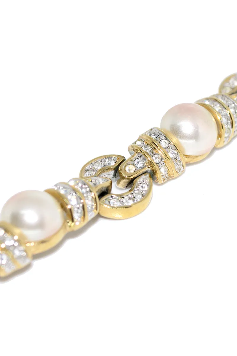 Signed Vintage Rhinestone and Pearl Link Necklace With Pierced Earrings