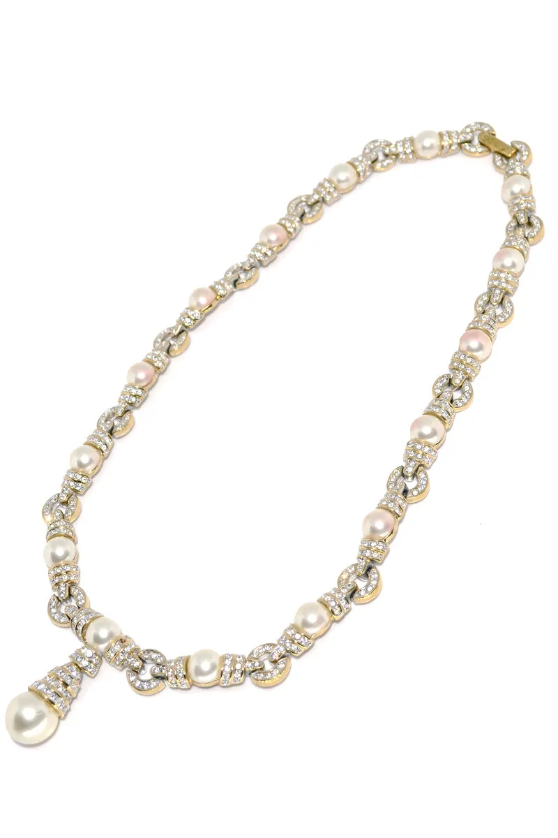 Signed Vintage Rhinestone and Pearl Link Necklace With Pierced Earrings