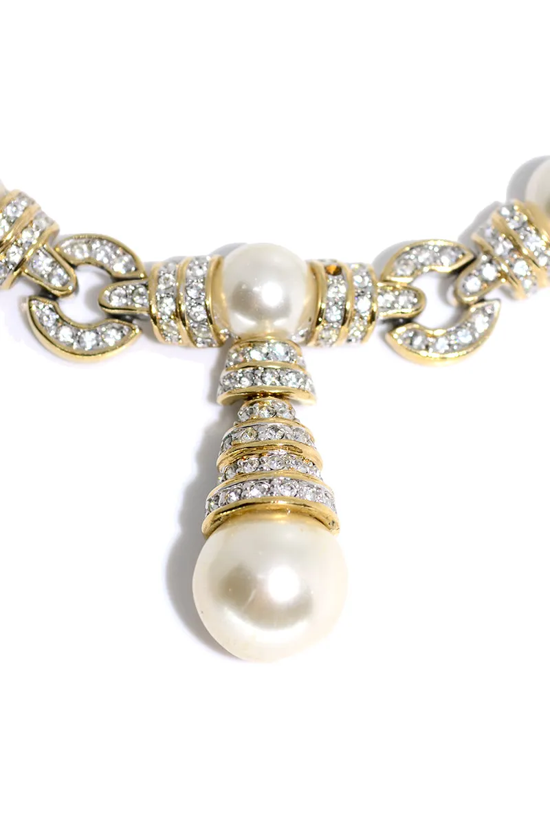 Signed Vintage Rhinestone and Pearl Link Necklace With Pierced Earrings