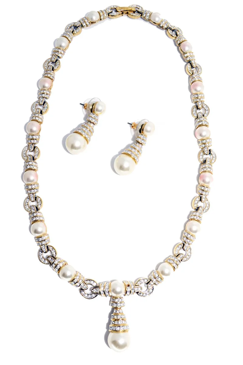 Signed Vintage Rhinestone and Pearl Link Necklace With Pierced Earrings