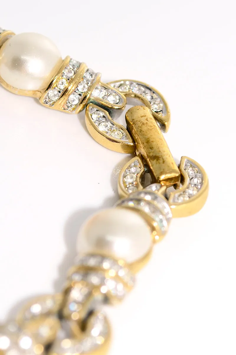 Signed Vintage Rhinestone and Pearl Link Necklace With Pierced Earrings