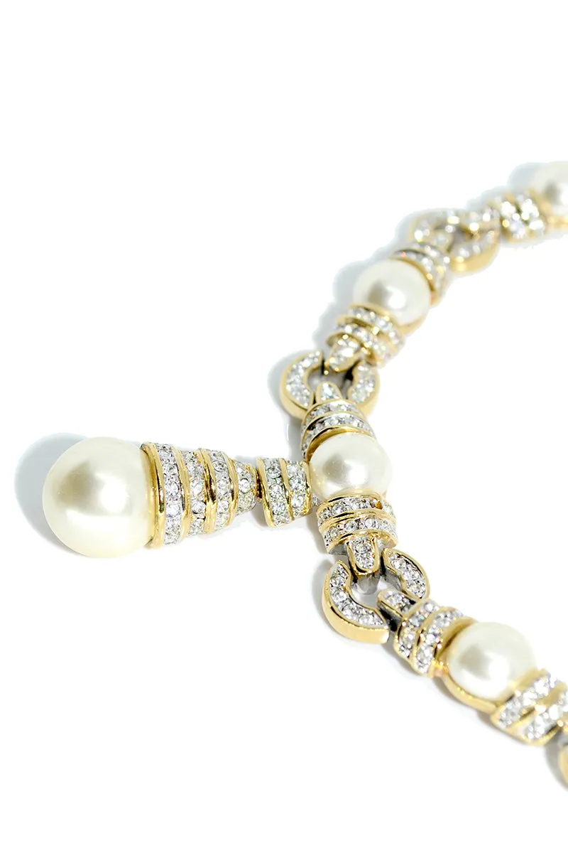 Signed Vintage Rhinestone and Pearl Link Necklace With Pierced Earrings