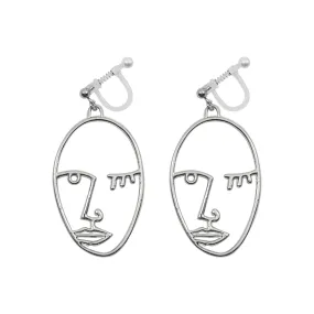 Silver Picasso Face Wink Invisible Clip On Earrings