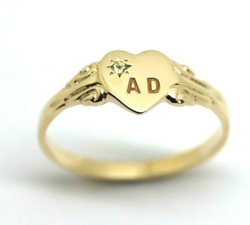 Size J,  August Birthstone 9ct Yellow, Rose or White Gold 375 Green Peridot Stone Heart Signet Ring   Engraving