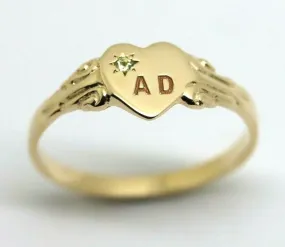 Size J,  August Birthstone 9ct Yellow, Rose or White Gold 375 Green Peridot Stone Heart Signet Ring   Engraving
