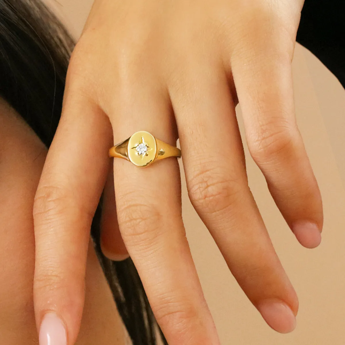 Soleil Collection Oval Diamond Set Signet Ring | 9K Solid Yellow Gold