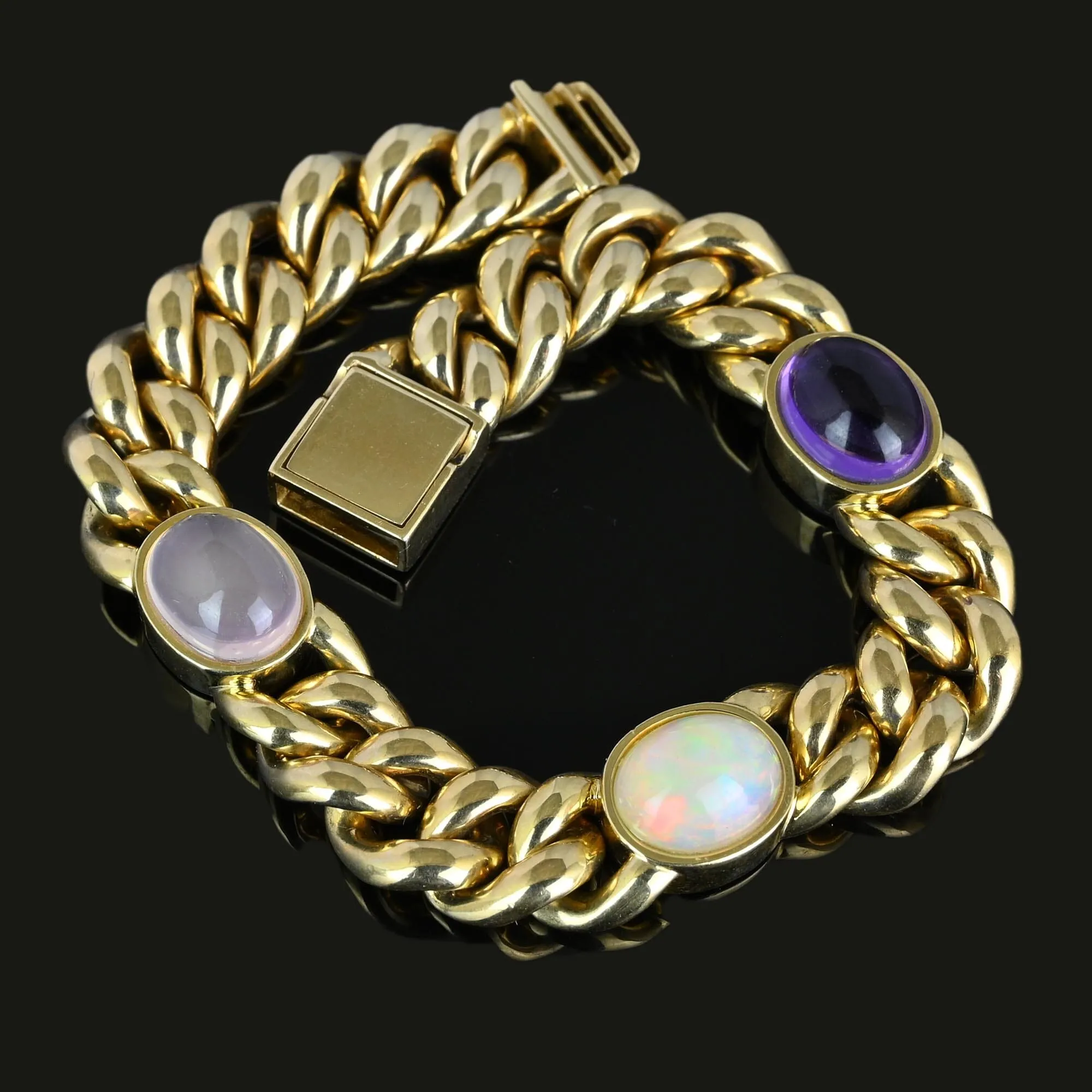 Solid 14K Gold Curb Chain Amethyst Pink Quartz Opal Bracelet