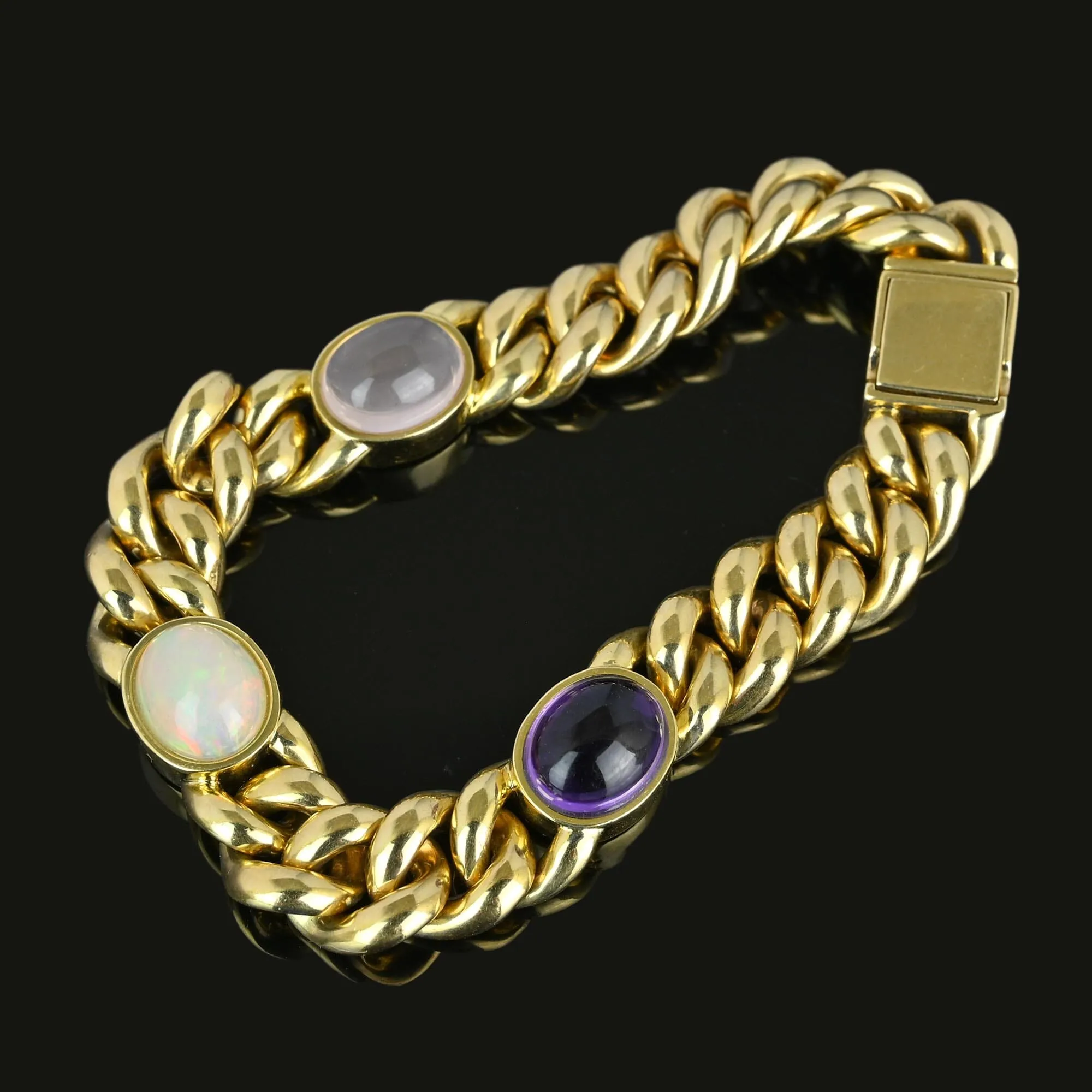 Solid 14K Gold Curb Chain Amethyst Pink Quartz Opal Bracelet
