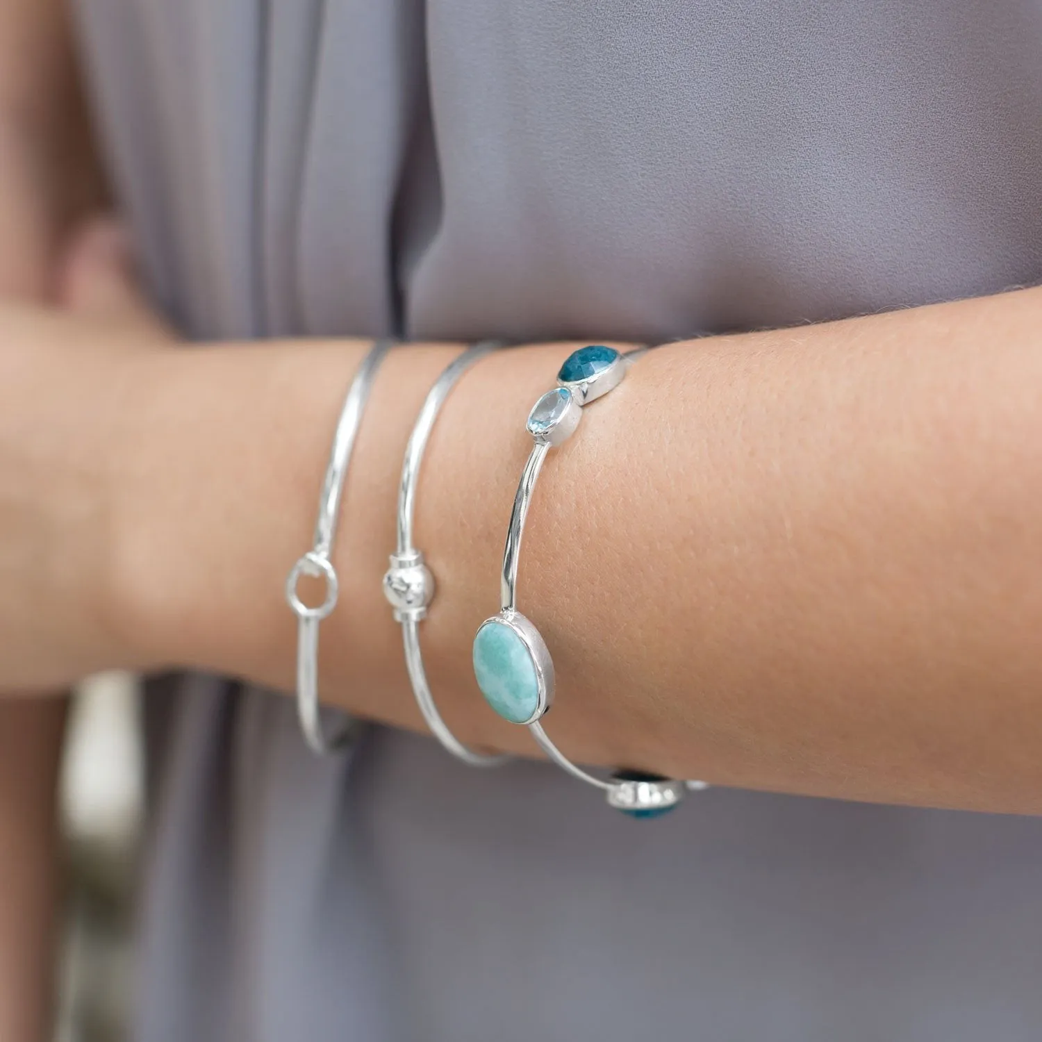 Sterling Silver Larimar, Blue Topaz, Aventurine and Rainbow Moonstone Bangle Bracelet