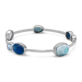 Sterling Silver Larimar, Blue Topaz, Aventurine and Rainbow Moonstone Bangle Bracelet