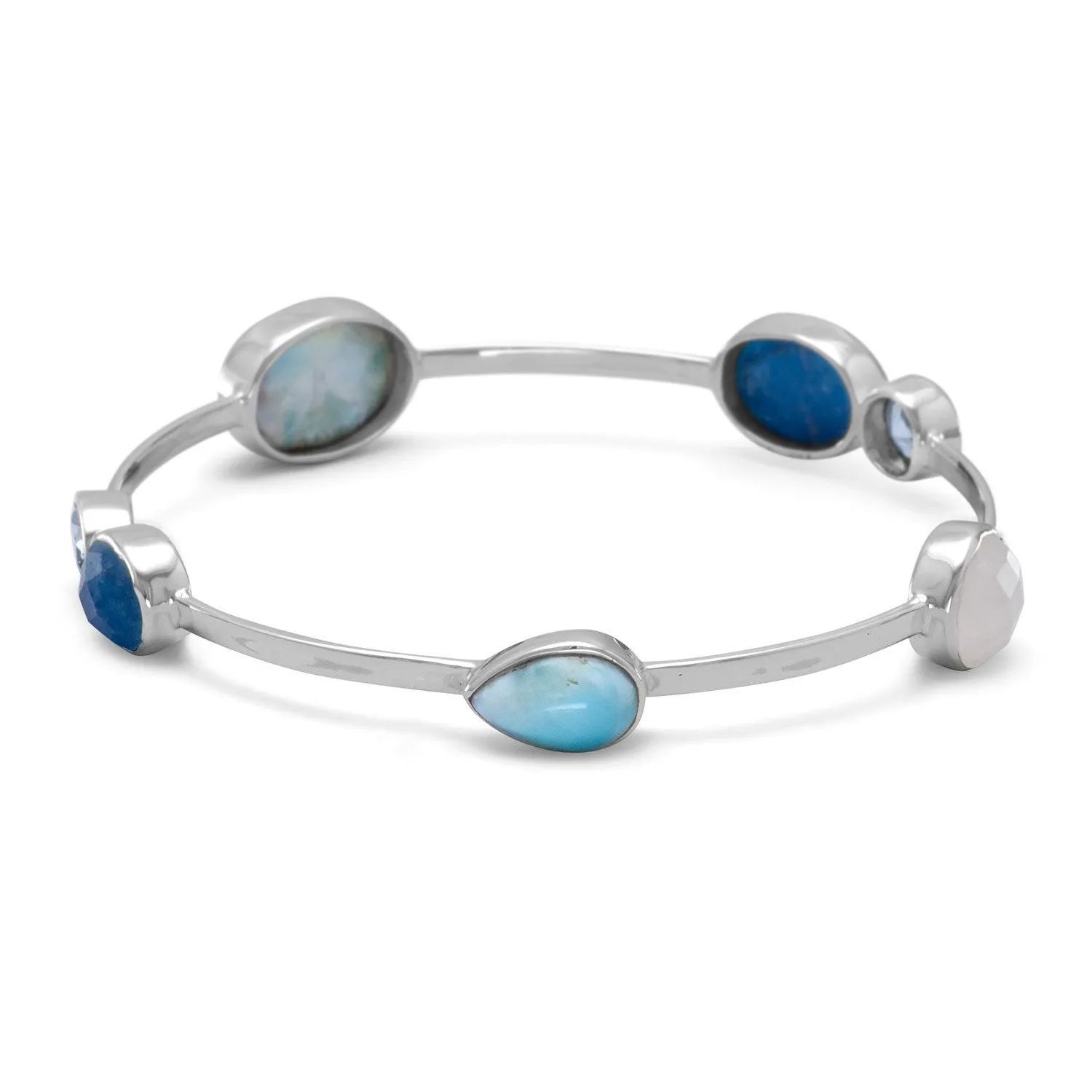 Sterling Silver Larimar, Blue Topaz, Aventurine and Rainbow Moonstone Bangle Bracelet