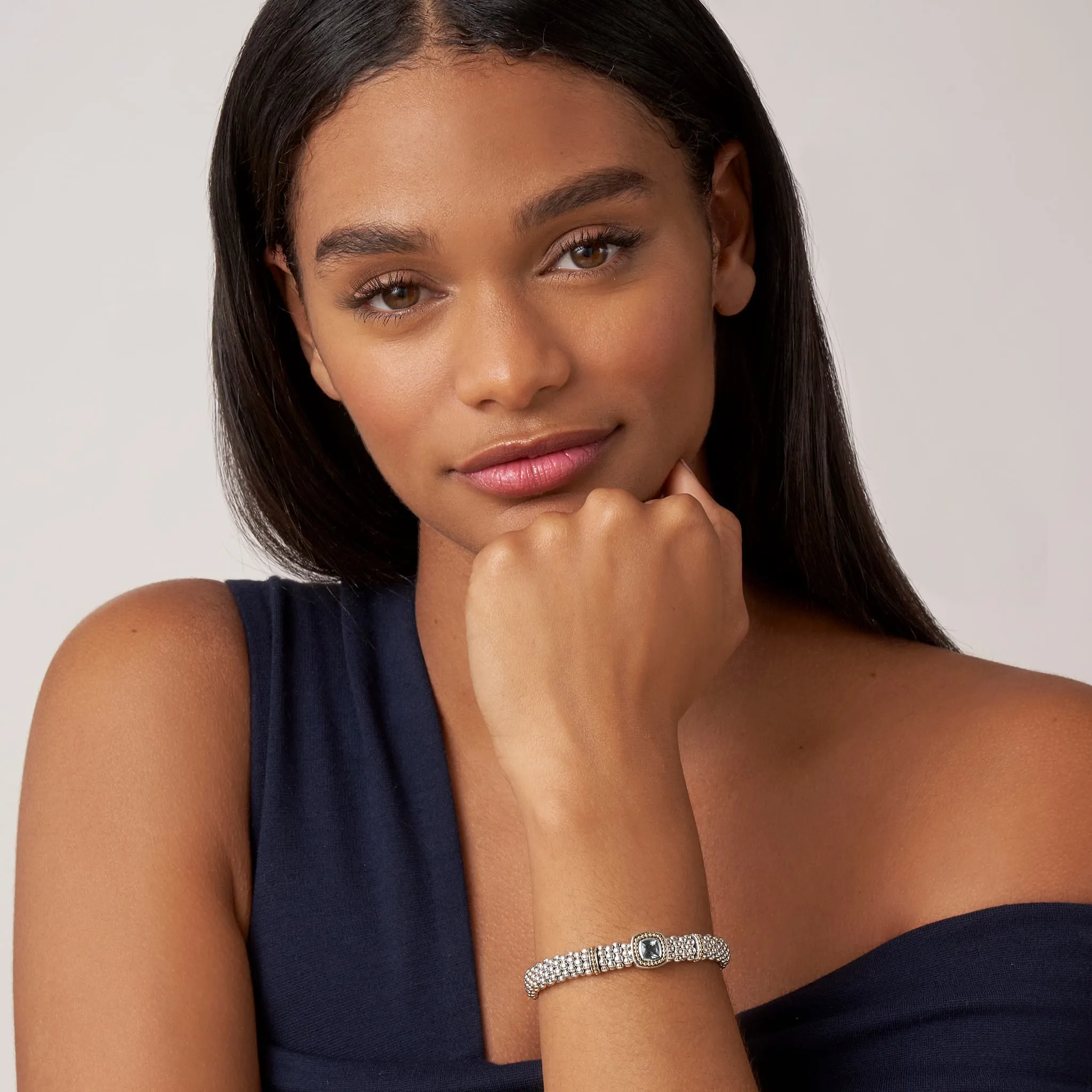 Swiss Blue Topaz Caviar Bracelet | 9mm (Size S )