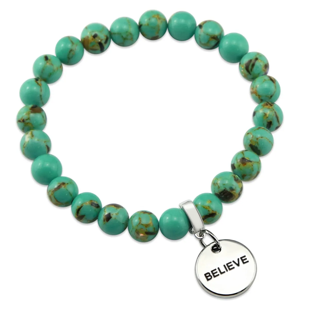 TEAL COLLECTION - Light Teal Synthesis 8mm Beads - Silver Word Charms