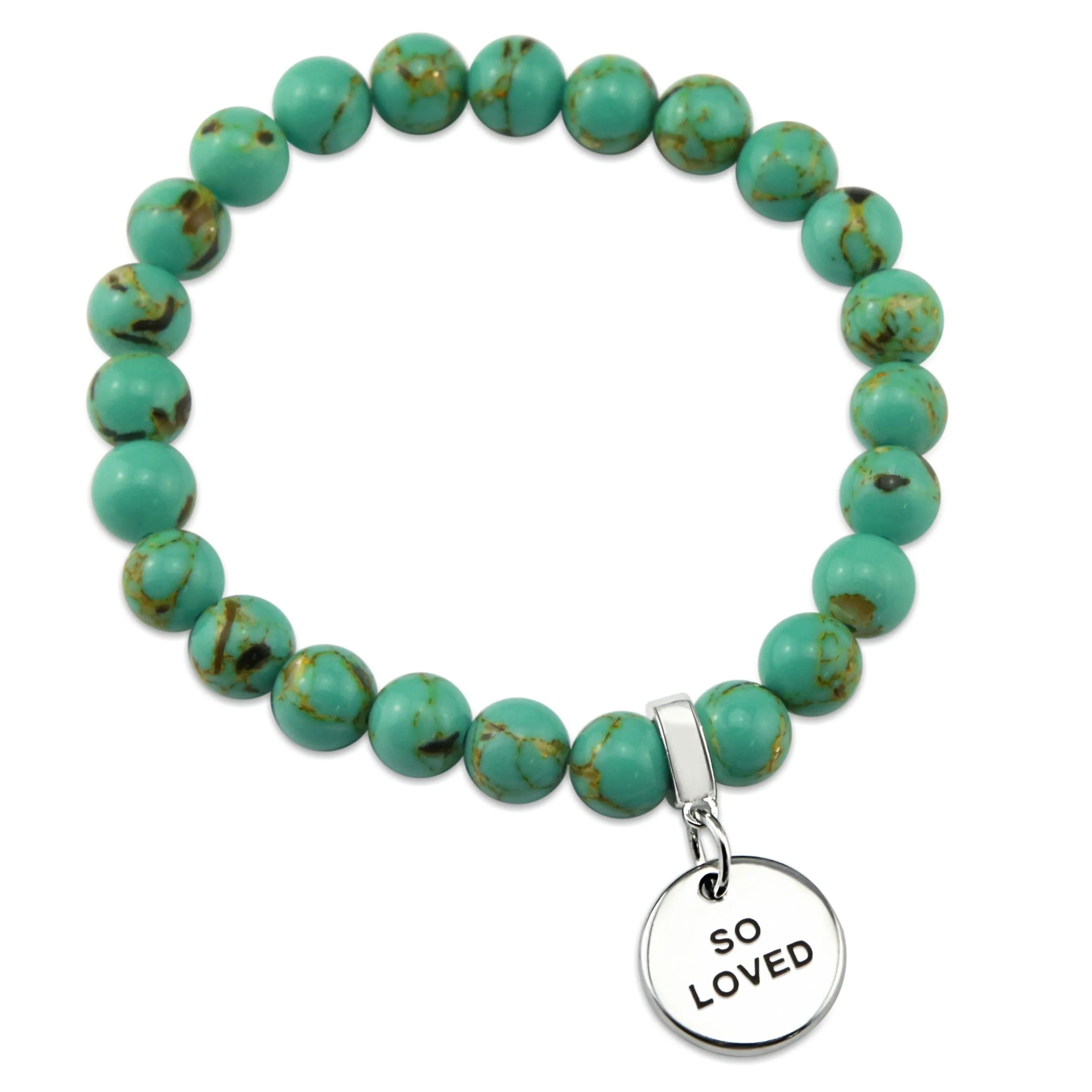 TEAL COLLECTION - Light Teal Synthesis 8mm Beads - Silver Word Charms
