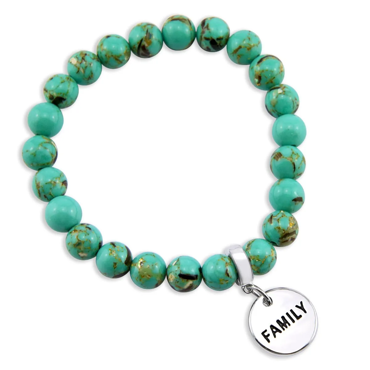TEAL COLLECTION - Light Teal Synthesis 8mm Beads - Silver Word Charms