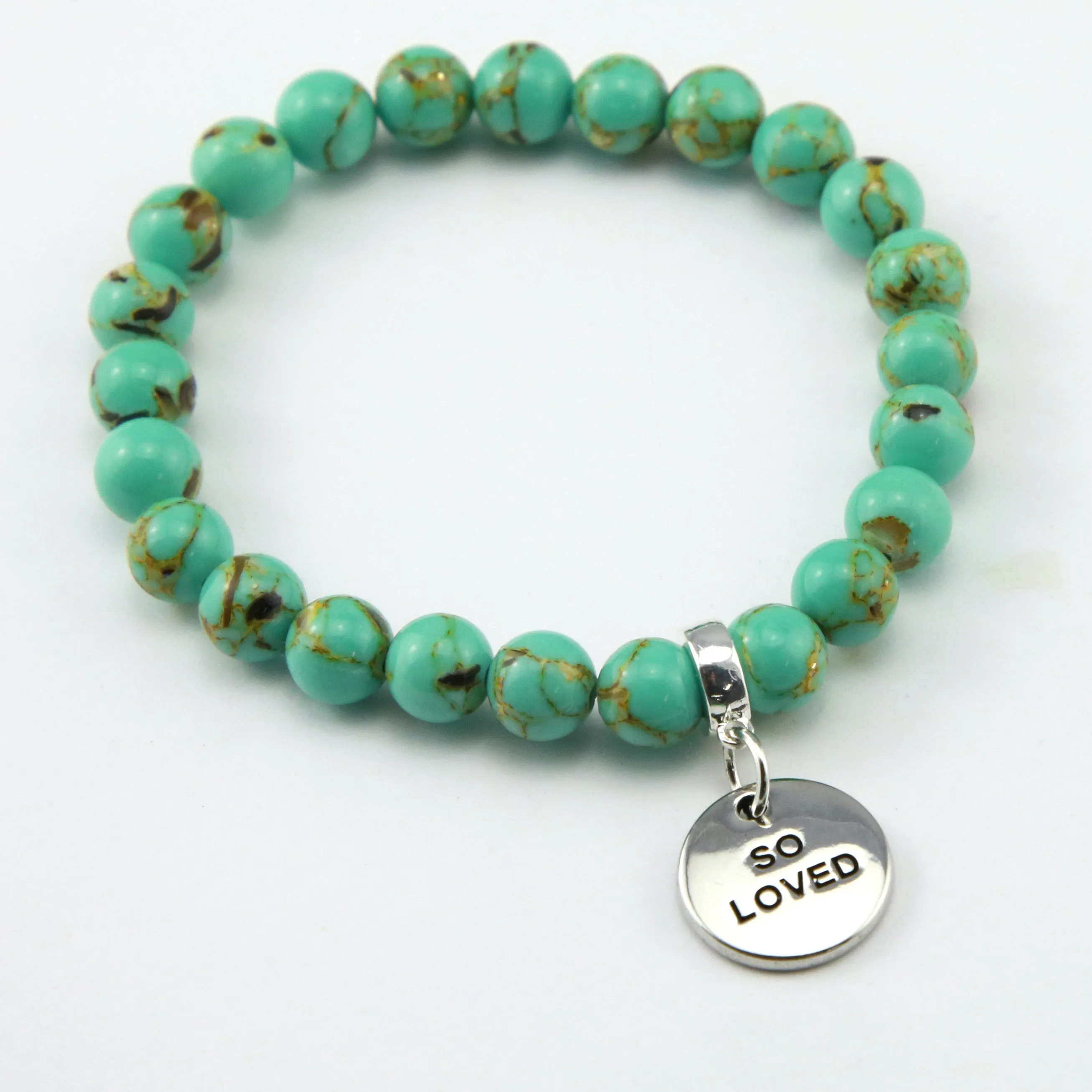 TEAL COLLECTION - Light Teal Synthesis 8mm Beads - Silver Word Charms