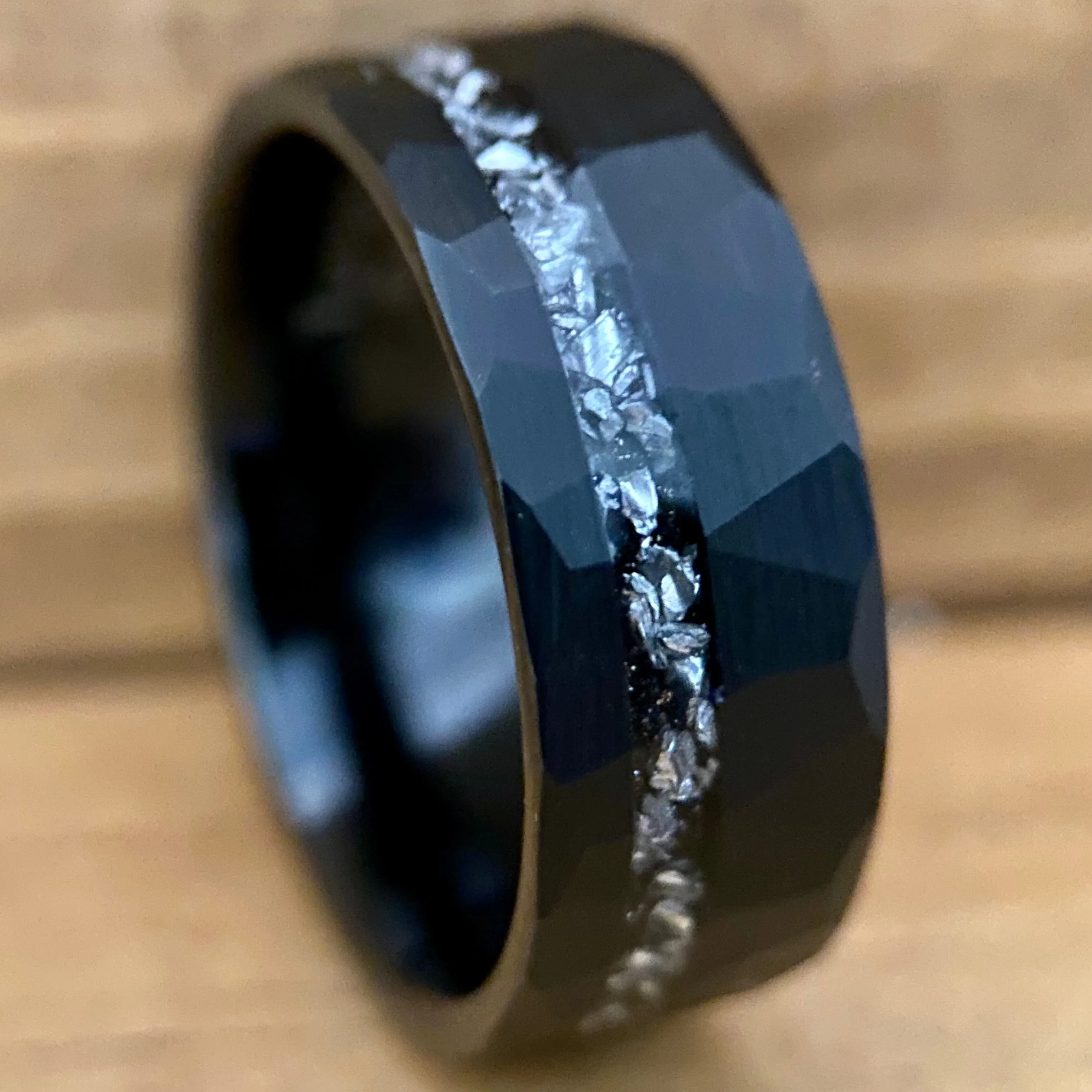 “The Moon Lander” 8mm Black Tungsten Ring With Gibeon Meteorite