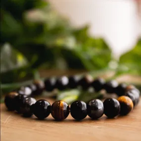 Triple Protection Charm Bracelet – Black Obsidian, Tiger’s Eye, and Hematite Elastic Crystal Jewelry for Men & Women