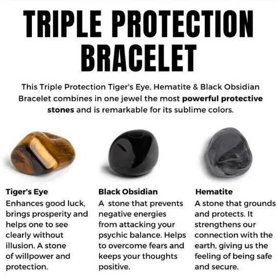 Triple Protection Charm Bracelet – Black Obsidian, Tiger’s Eye, and Hematite Elastic Crystal Jewelry for Men & Women