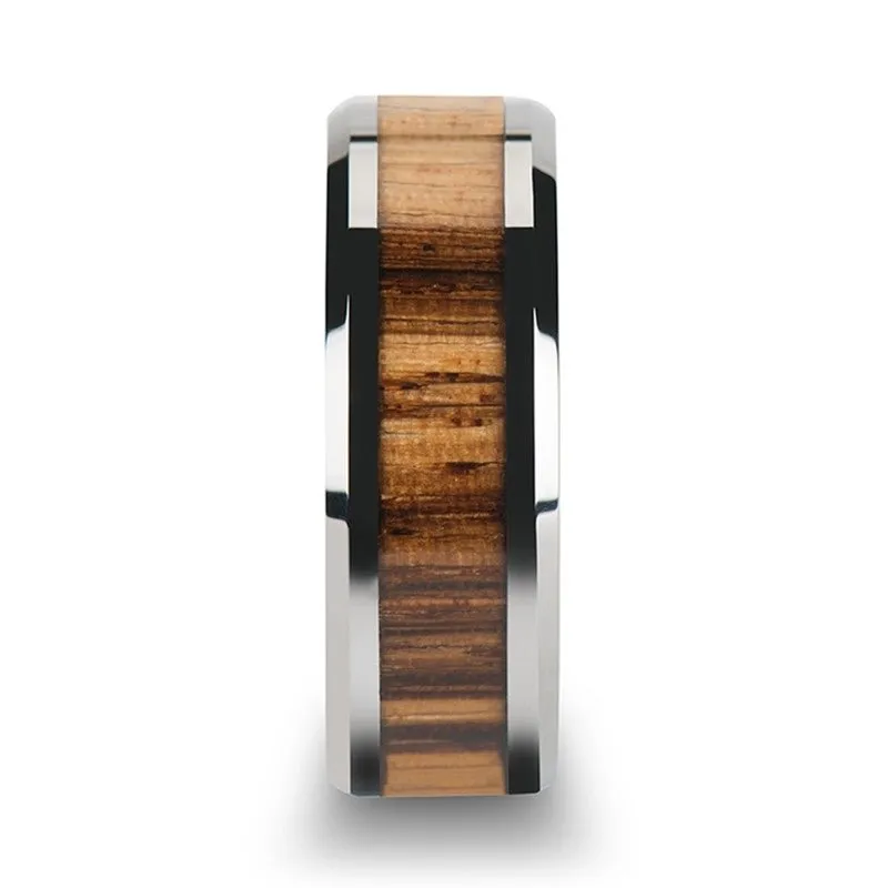 Tungsten Carbide Ring with Zebra Wood Inlay Mens Band