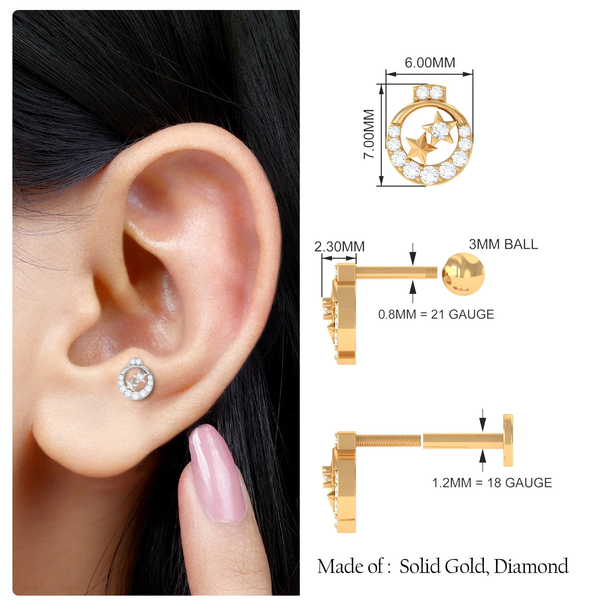 Unique Diamond Gold Star Cartilage Earring
