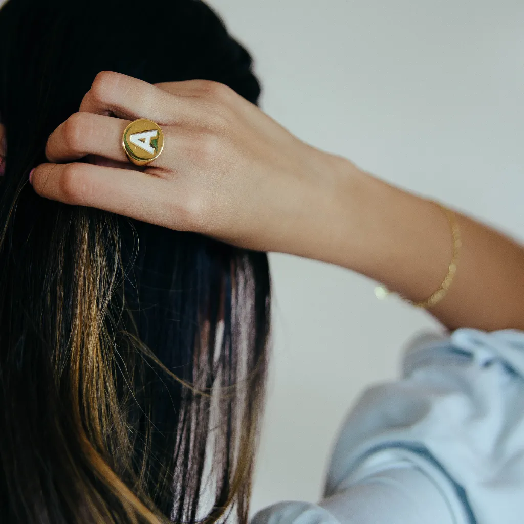Unisex Signet Personalised Enamel Initial Ring