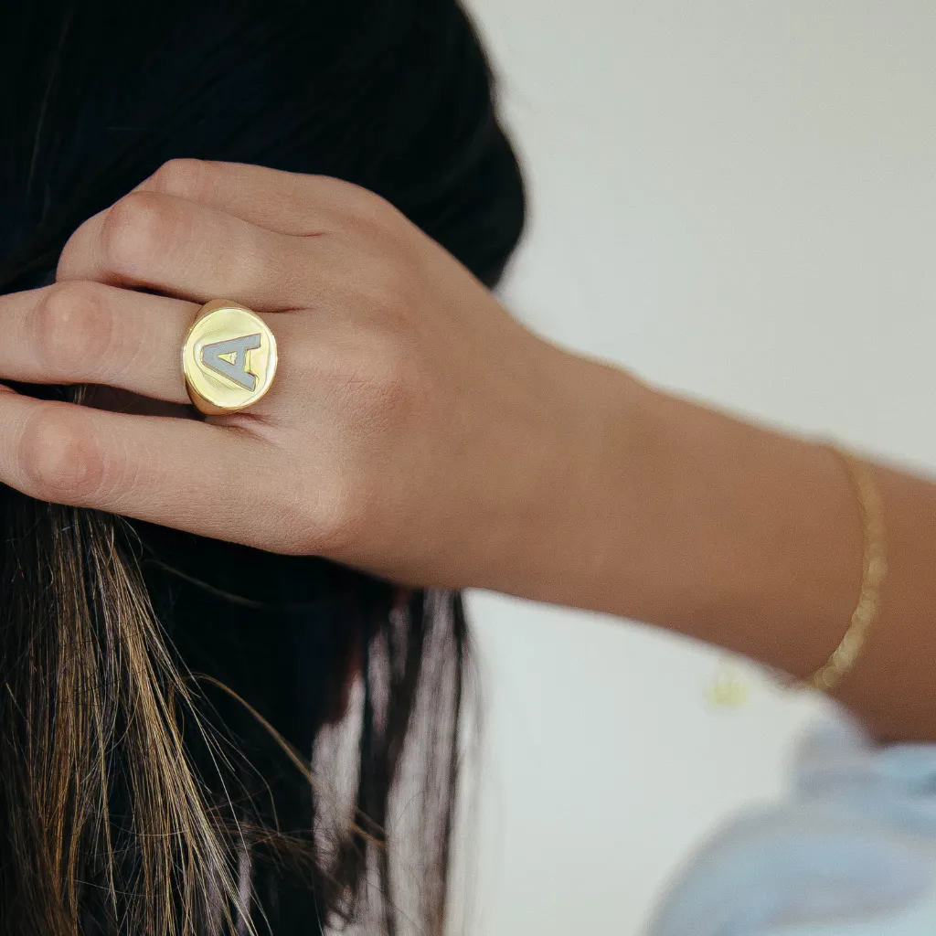 Unisex Signet Personalised Enamel Initial Ring