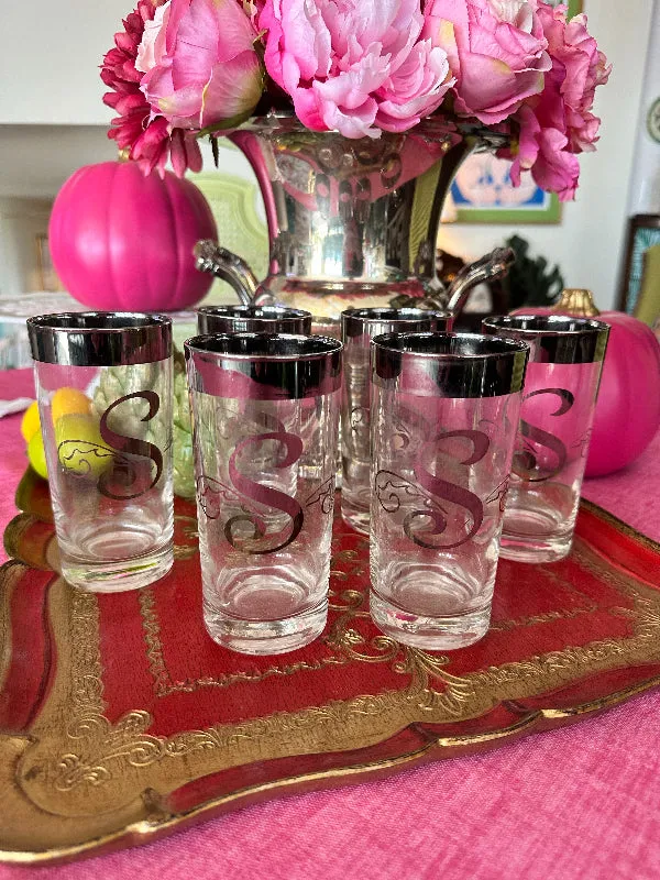Vintage Glasses, Glastonbury Lotus 1960s Initial S Highball, Set of 6