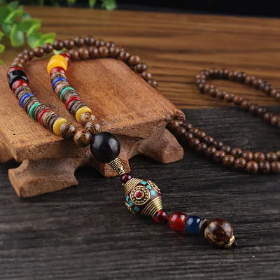 Vintage Nepal Long Beaded Necklace Charm Crystal Antique Mala Necklace