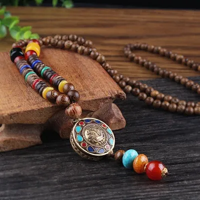 Vintage Nepal Long Beaded Necklace Charm Crystal Antique Mala Necklace