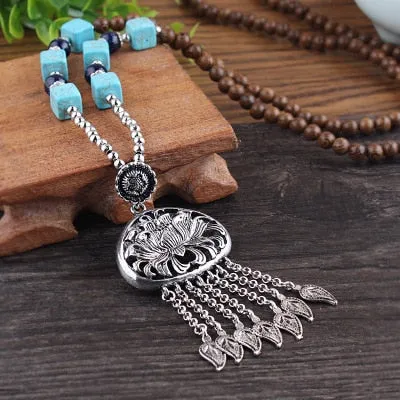 Vintage Nepal Long Beaded Necklace Charm Crystal Antique Mala Necklace