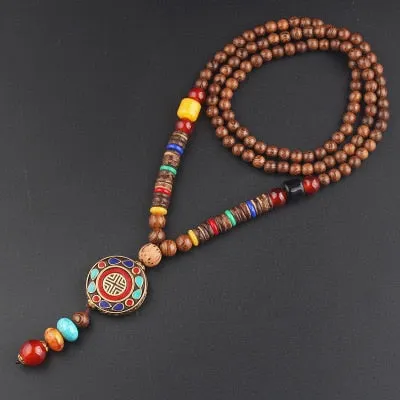 Vintage Nepal Long Beaded Necklace Charm Crystal Antique Mala Necklace