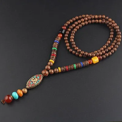 Vintage Nepal Long Beaded Necklace Charm Crystal Antique Mala Necklace